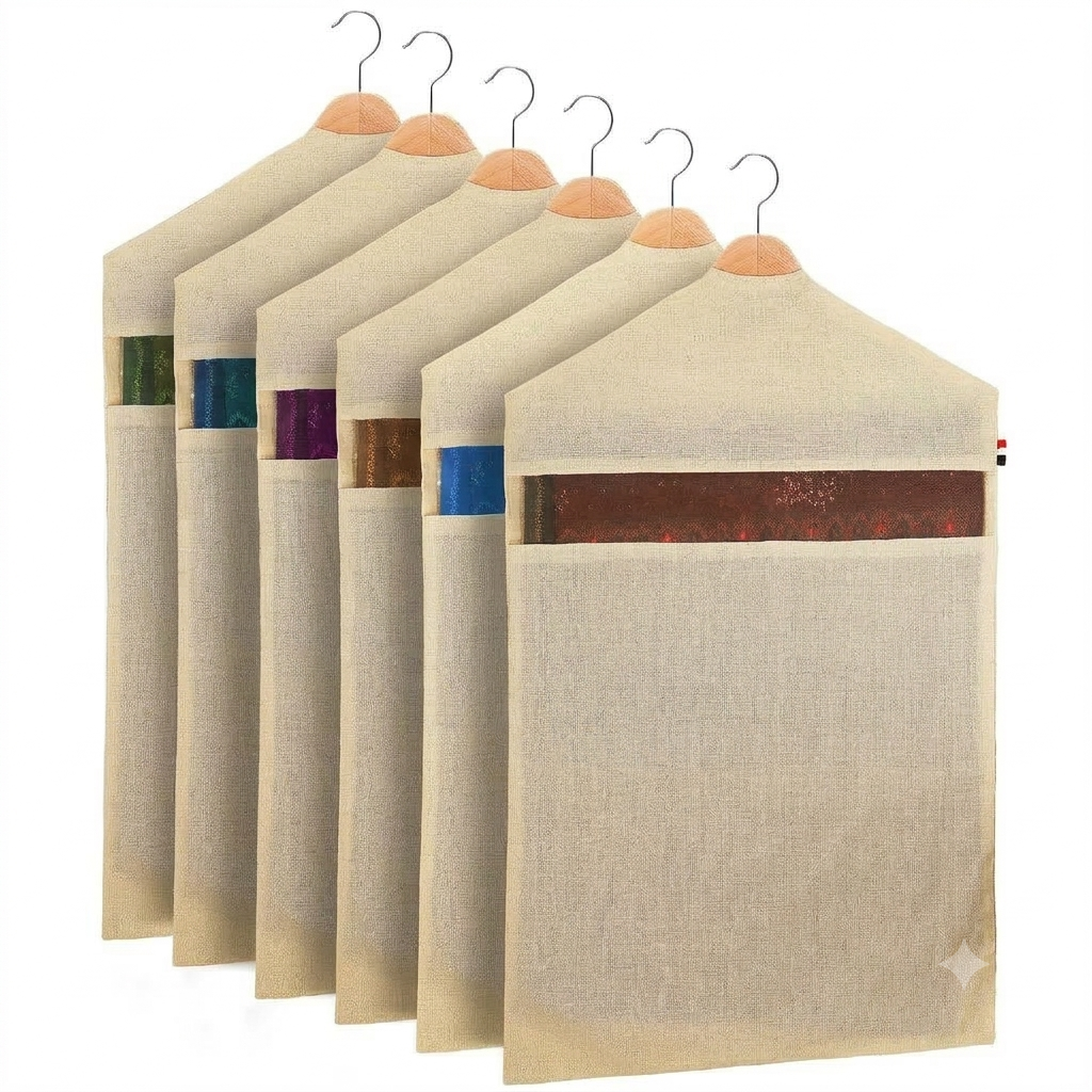 Raremore Hanging Cotton Saree Covers/Bags | Clothes Storage & Wardrobe Organizer | Transparent Front Panel | Zipper Closure | Single Pocket | Pack of 6 | Beige | (Hangers Not Included)