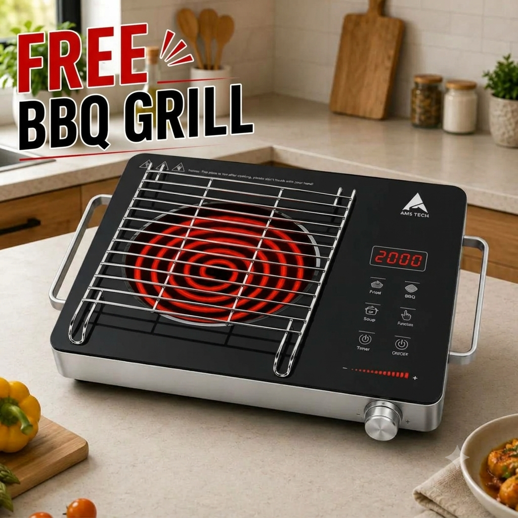 AMSTECH VEXA InfraCook 2000W + Free BBQ Grill  | Infrared Cooktop | 4-Digit LED Display | 4 Hour Time | Super Heat Resistance | 1 Year Warranty at Dealers Point