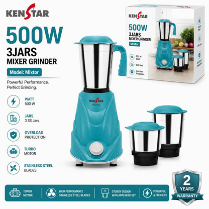 Kenstar Mixtor 500W Mixer Grinder | 3 Stainless Steel Jars | Turbo Hybrid Motor | SS Ultima Blades | Green | 2 Years Motor Warranty