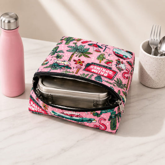 Big Thermal Lunch Pouch | Cotton Insulated Tiffin Cover Bag for Office & School | Random Print